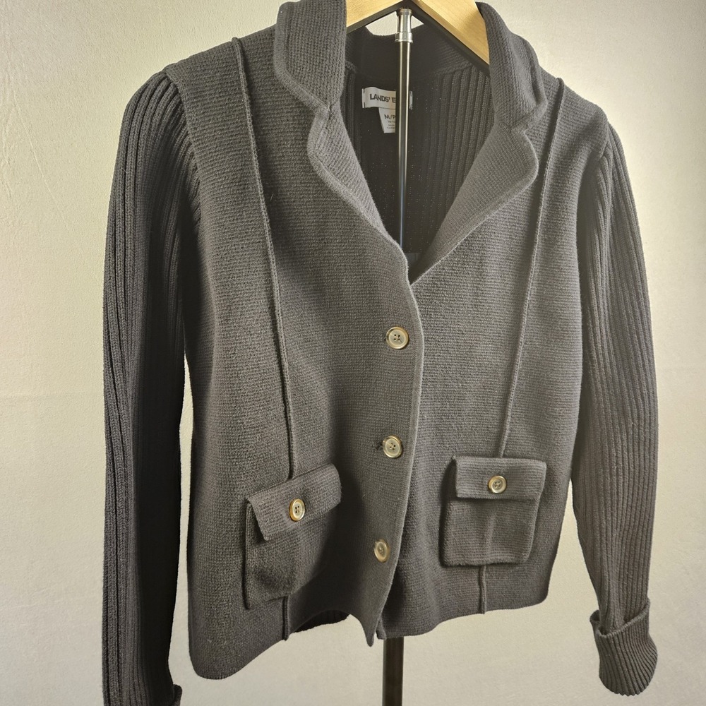 Lands‎ End Cardigan Blazer Ribbed Knit Button Front Black Medium Petite - Picture 3 of 13